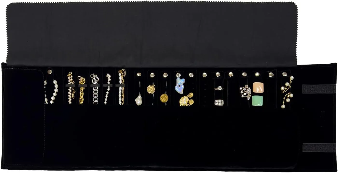 Velvet Jewelry Case Roll Bag for Necklace Bracelets, Extra Large with Elastic Band for Necklaces, Great Jewelry Organizer for Travel (Black - Multi)
