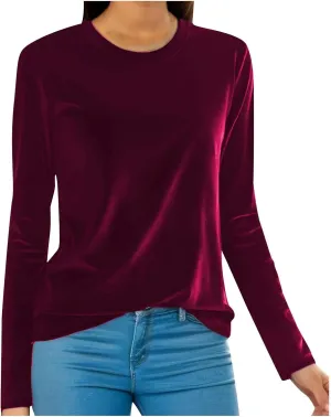 Velvet Tops for Women Long Sleeve Crewneck Soft Velvet Blouse Lightweight Casual Fashion Tshirts