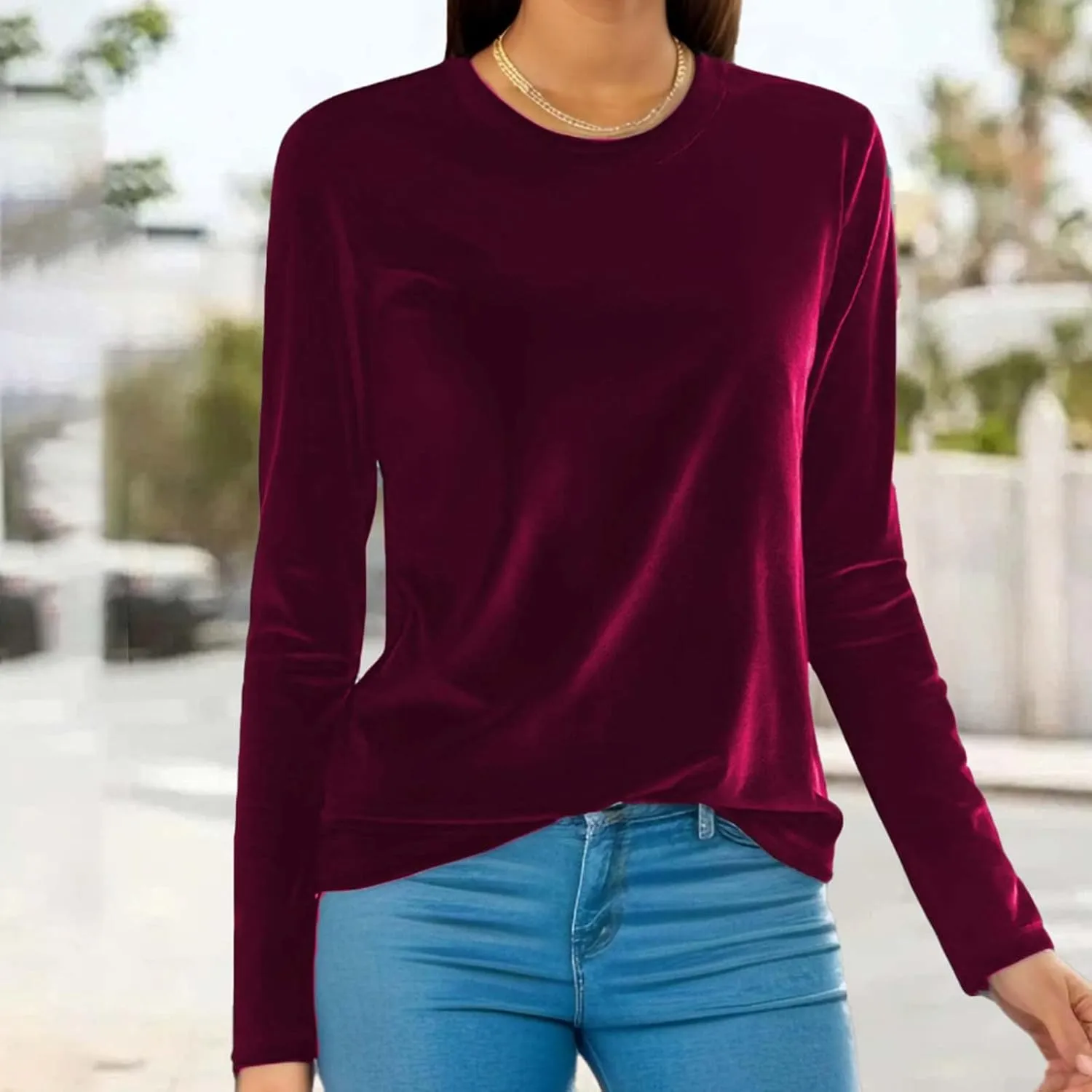 Velvet Tops for Women Long Sleeve Crewneck Soft Velvet Blouse Lightweight Casual Fashion Tshirts