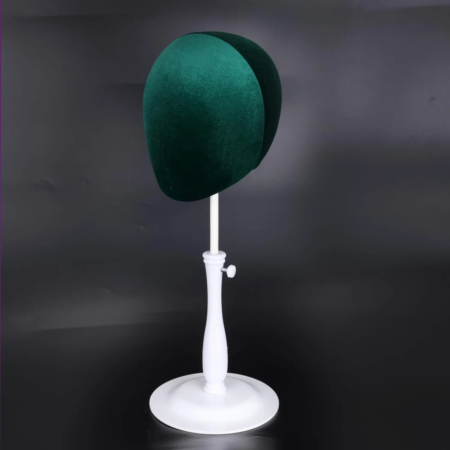 Velvet Wig Head Stand for Hat and Wig Display, Adjustable Mannequin Head Stand with Retractable Metal Base for Styling and Display (Velvet dark green)