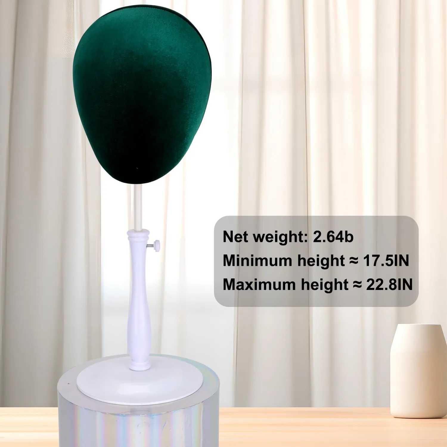 Velvet Wig Head Stand for Hat and Wig Display, Adjustable Mannequin Head Stand with Retractable Metal Base for Styling and Display (Velvet dark green)