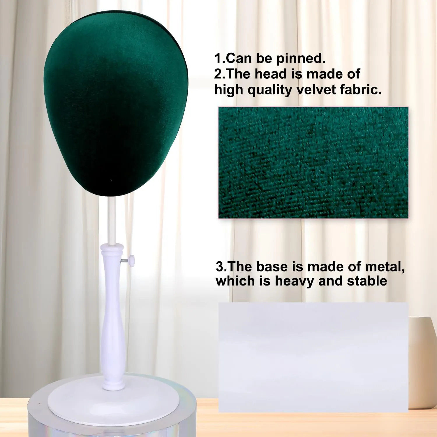 Velvet Wig Head Stand for Hat and Wig Display, Adjustable Mannequin Head Stand with Retractable Metal Base for Styling and Display (Velvet dark green)