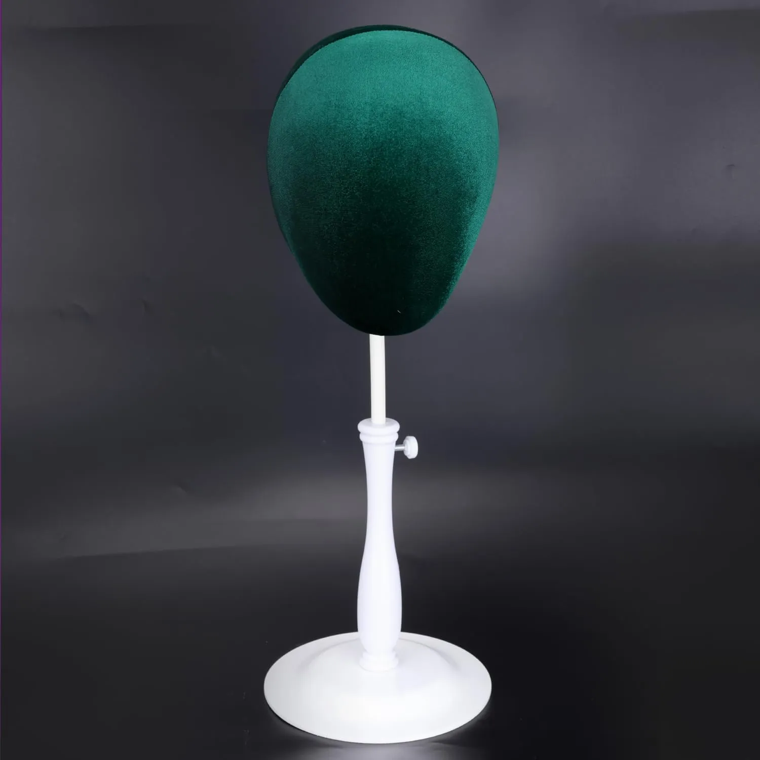 Velvet Wig Head Stand for Hat and Wig Display, Adjustable Mannequin Head Stand with Retractable Metal Base for Styling and Display (Velvet dark green)