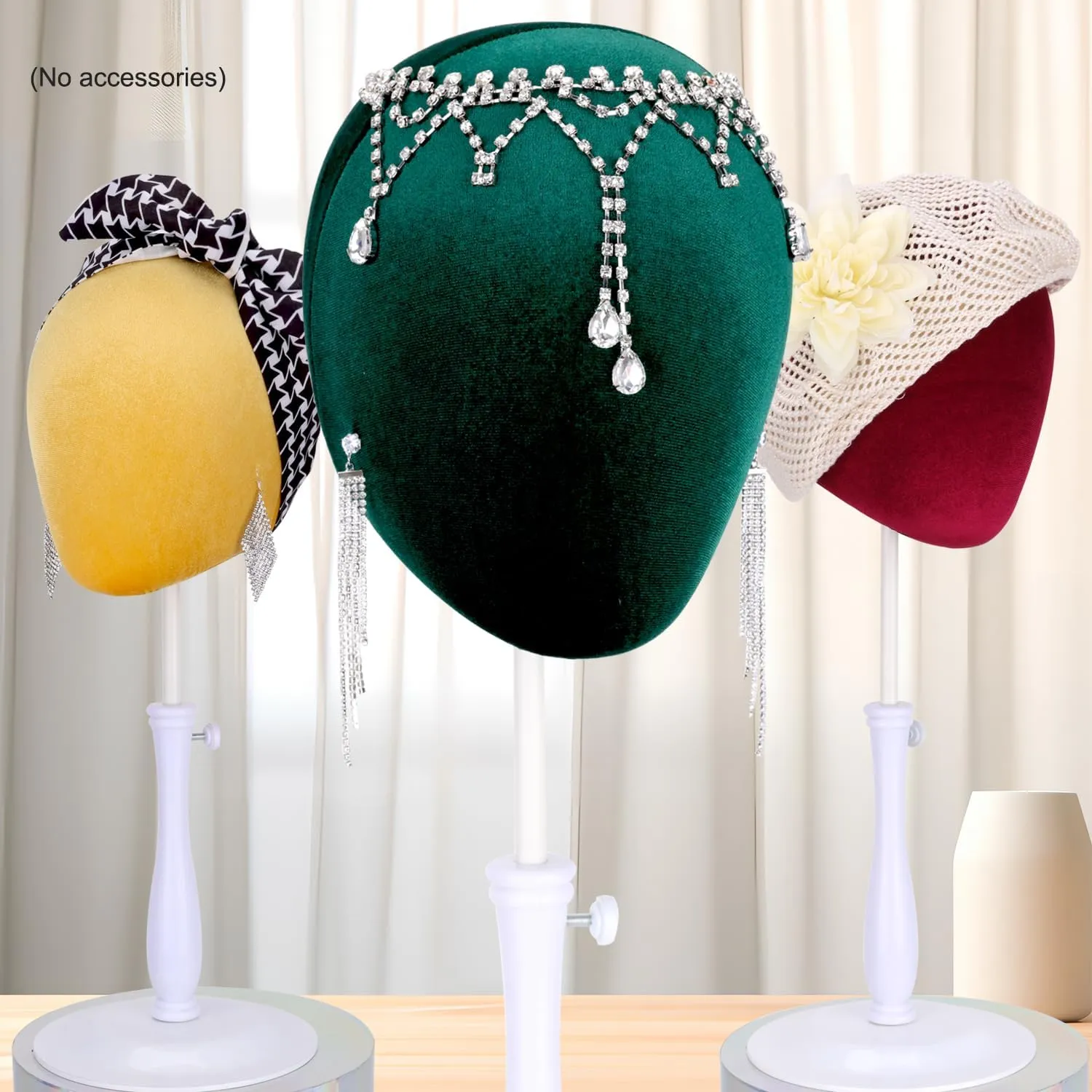 Velvet Wig Head Stand for Hat and Wig Display, Adjustable Mannequin Head Stand with Retractable Metal Base for Styling and Display (Velvet dark green)