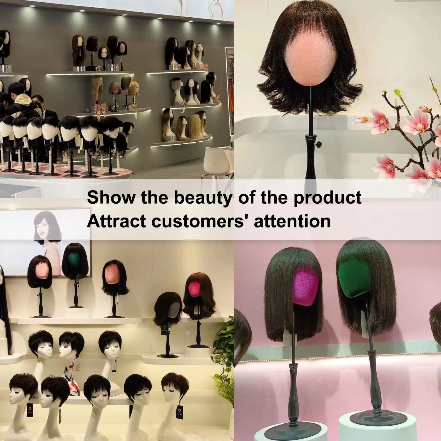 Velvet Wig Head Stand for Hat and Wig Display, Adjustable Mannequin Head Stand with Retractable Metal Base for Styling and Display (Velvet dark green)