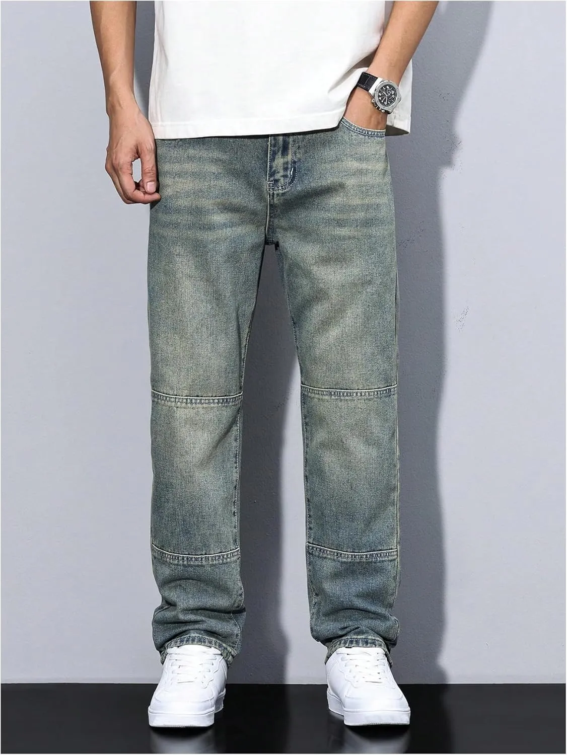 Verdusa Men's Faded Straight Leg Casual Denim Pants Vintage Jeans with Pockets