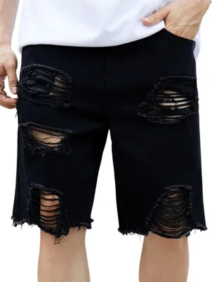Verdusa Men's Ripped Bermuda Denim Shorts Straight Leg Jean Shorts with Pockets