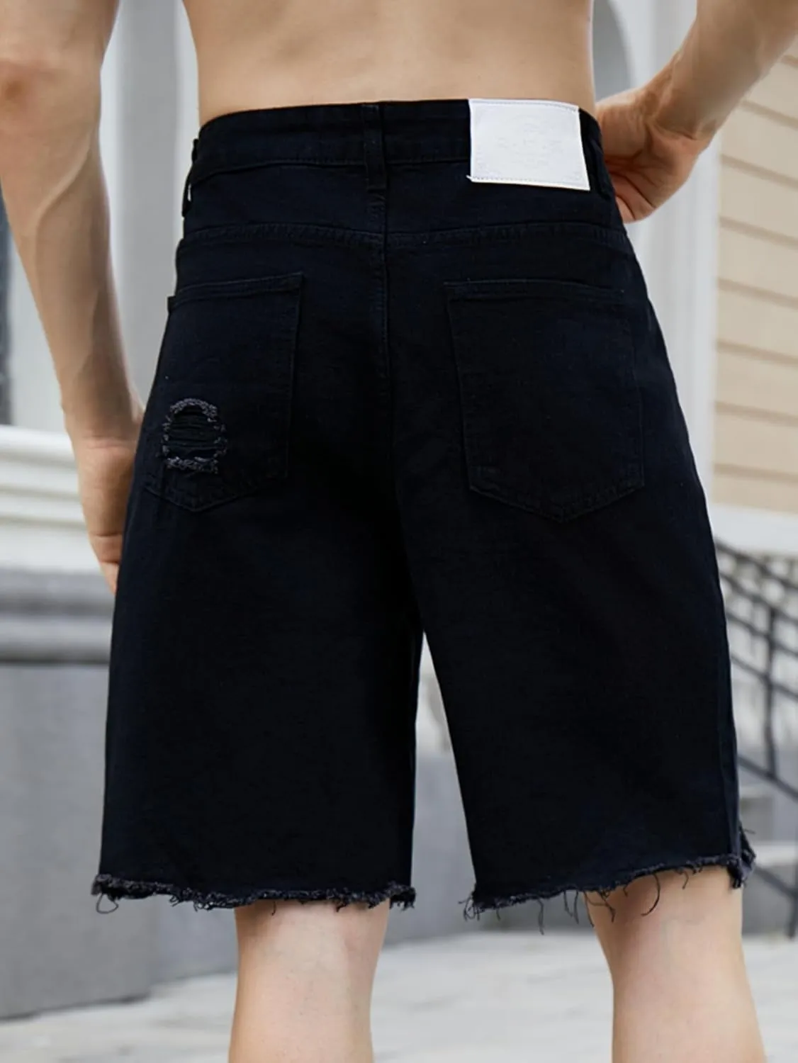 Verdusa Men's Ripped Bermuda Denim Shorts Straight Leg Jean Shorts with Pockets