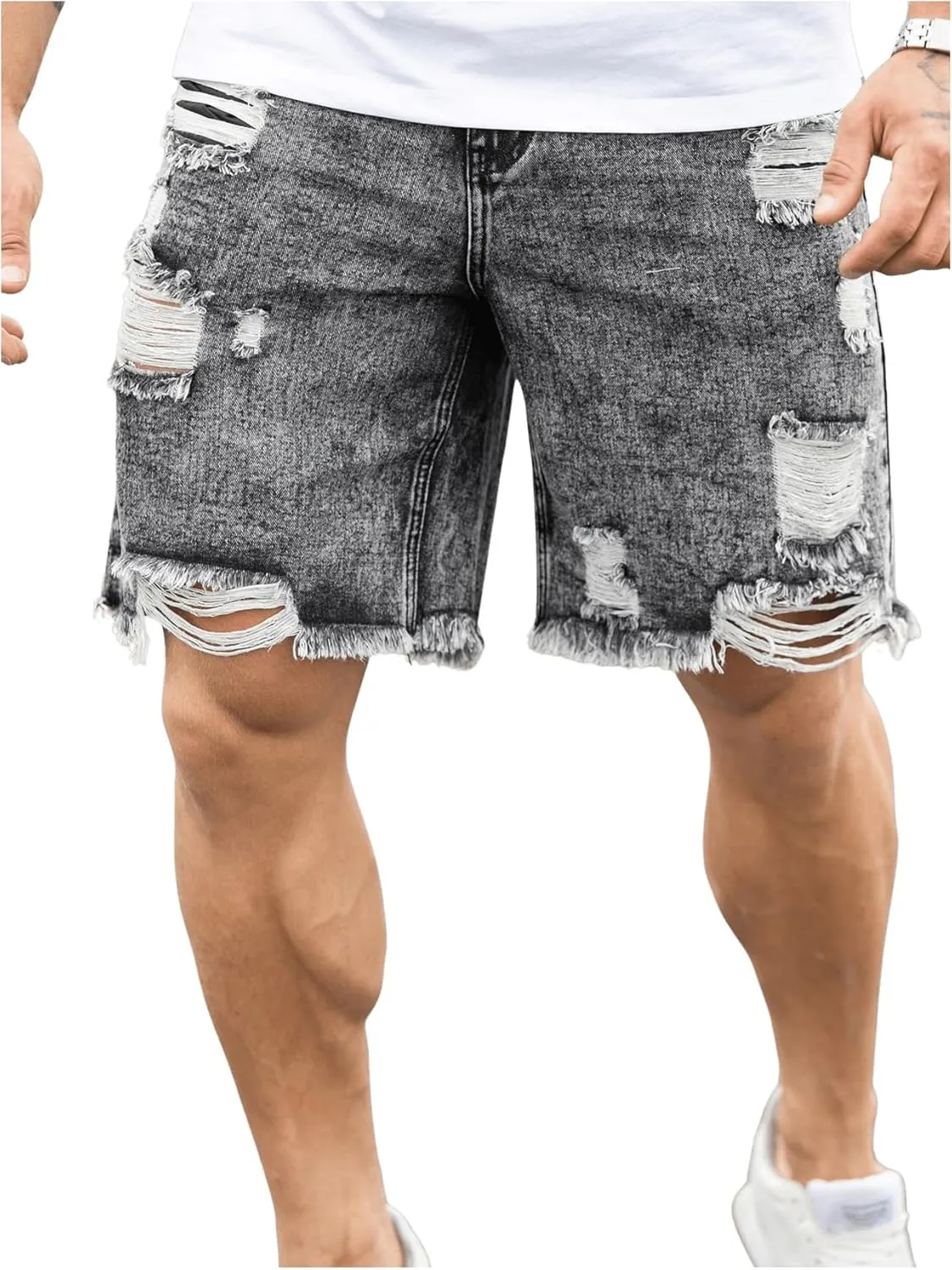 Verdusa Men's Ripped Distressed Raw Hem Straight Leg Denim Shorts