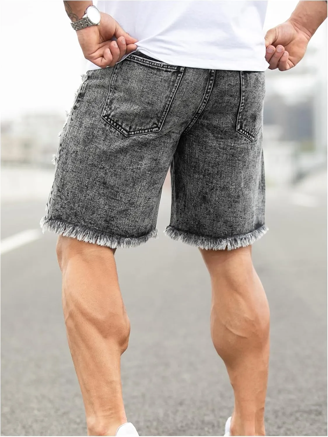 Verdusa Men's Ripped Distressed Raw Hem Straight Leg Denim Shorts