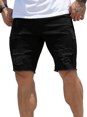 Verdusa Men's Straight Leg Ripped Raw Trim Denim Shorts Slim Fit Stretch Jean Shorts