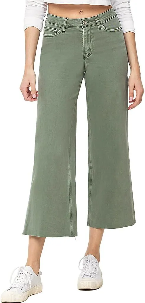 VERVET by Flying Monkey Olive Wide Denim Jeans Cropped High-Rise Raw-Cut