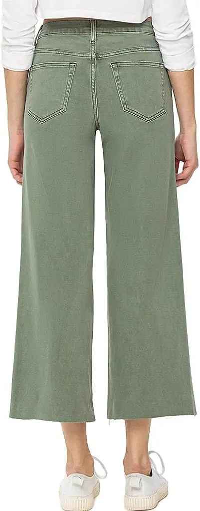 VERVET by Flying Monkey Olive Wide Denim Jeans Cropped High-Rise Raw-Cut