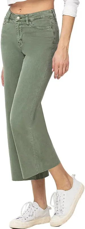 VERVET by Flying Monkey Olive Wide Denim Jeans Cropped High-Rise Raw-Cut