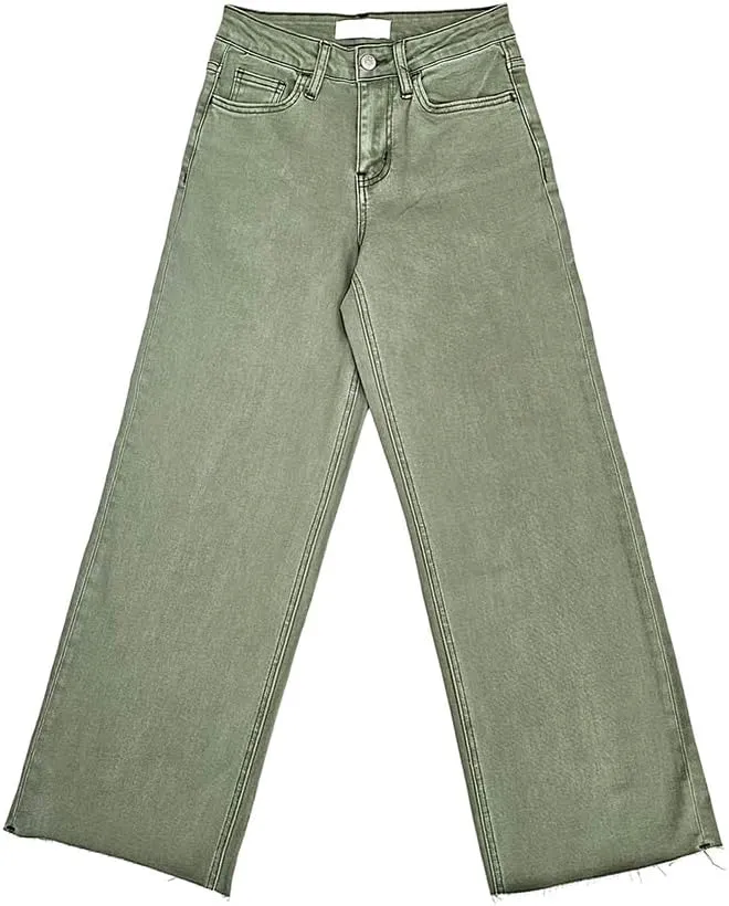 VERVET by Flying Monkey Olive Wide Denim Jeans Cropped High-Rise Raw-Cut