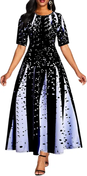 VERWIN Pocket Ankle-Length Short Sleeve Patchwork Off Shoulder Pullover Standard-Waist Women's Maxi Dress