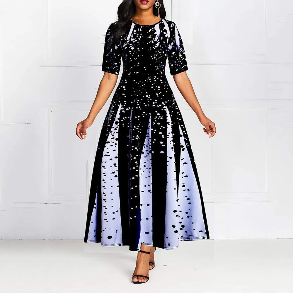VERWIN Pocket Ankle-Length Short Sleeve Patchwork Off Shoulder Pullover Standard-Waist Women's Maxi Dress