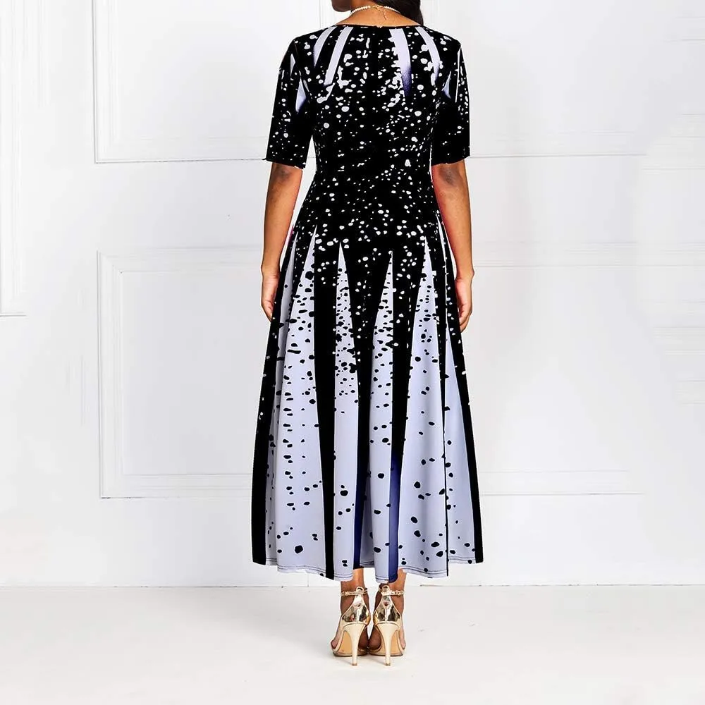 VERWIN Pocket Ankle-Length Short Sleeve Patchwork Off Shoulder Pullover Standard-Waist Women's Maxi Dress