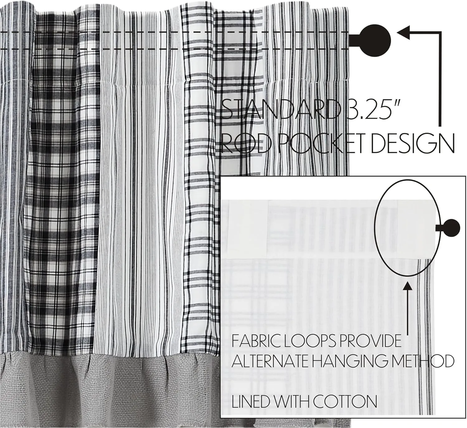 VHC Brands, Sawyer Mill Patchwork Valance, Black, 19x73