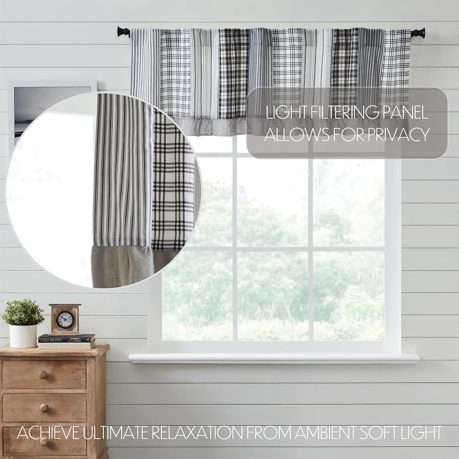 VHC Brands, Sawyer Mill Patchwork Valance, Black, 19x73