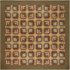 VHC Brands Tea Cabin Queen Quilt 94Wx94L Log Cabin Country Rustic Lodge Design, Moss Green and Deep Red