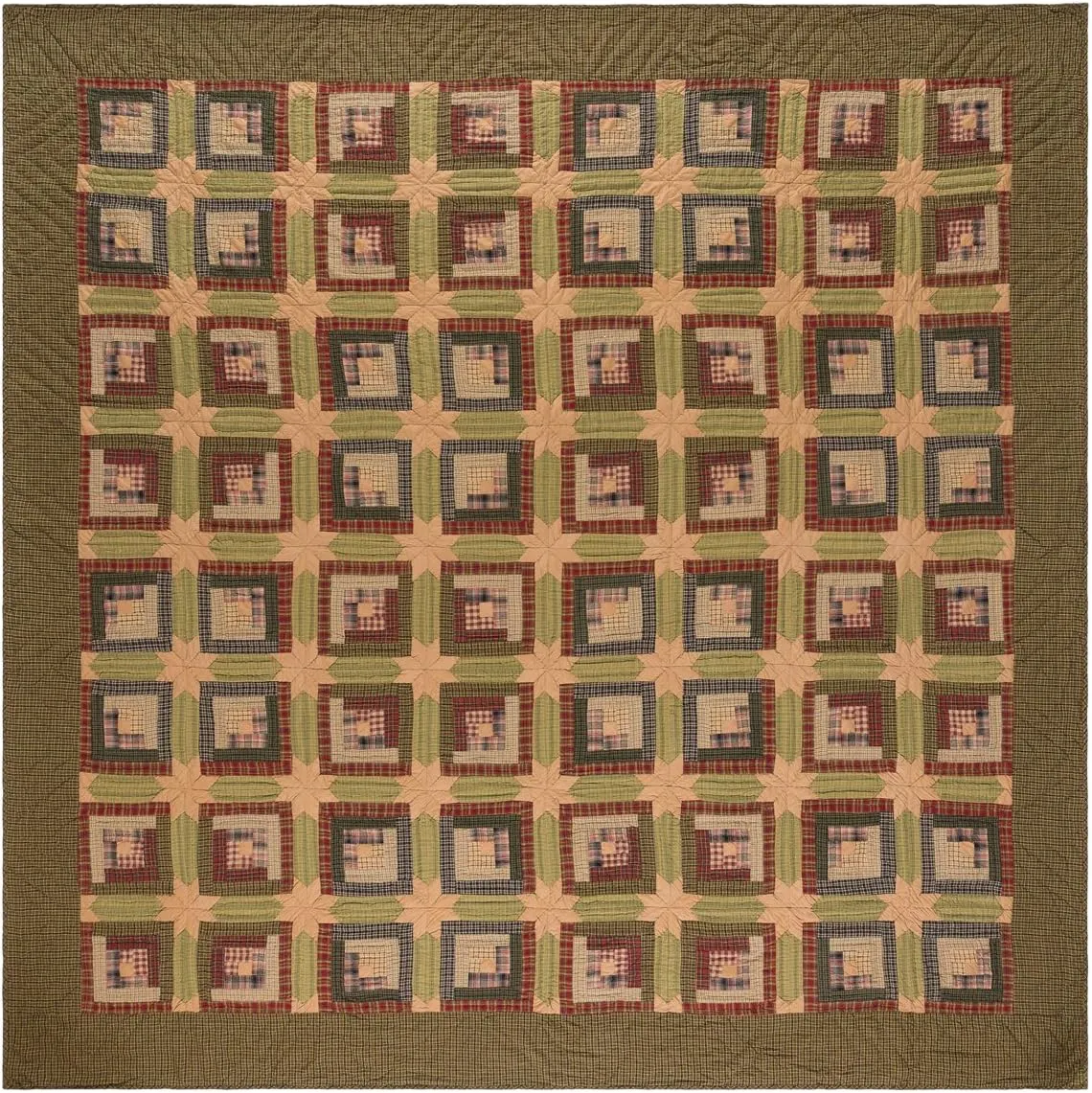 VHC Brands Tea Cabin Queen Quilt 94Wx94L Log Cabin Country Rustic Lodge Design, Moss Green and Deep Red