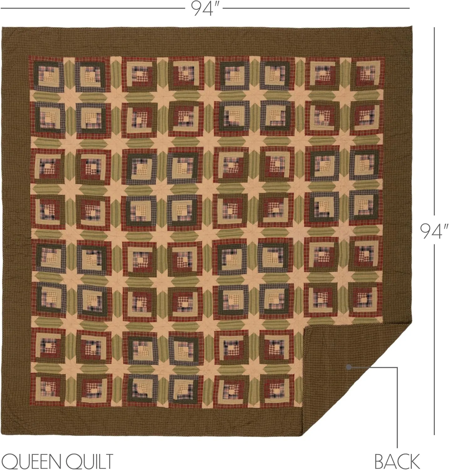 VHC Brands Tea Cabin Queen Quilt 94Wx94L Log Cabin Country Rustic Lodge Design, Moss Green and Deep Red