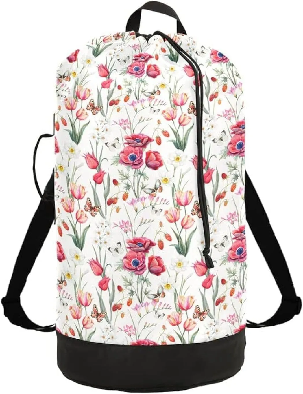 VIGTRO Laundry Bag Backpack Hamper Basket Large Heavy Duty Watercolor Pink Flower Printed, Dirty Clothes Organizer with Shoulder Straps for College Dorm Room Apartment Travel Gym Hotel
