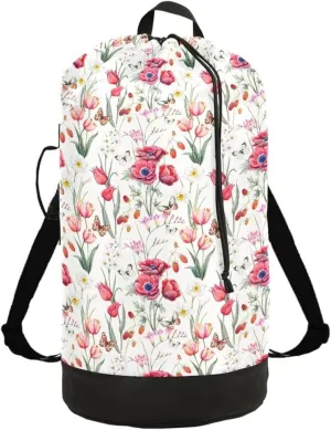 VIGTRO Laundry Bag Backpack Hamper Basket Large Heavy Duty Watercolor Pink Flower Printed, Dirty Clothes Organizer with Shoulder Straps for College Dorm Room Apartment Travel Gym Hotel