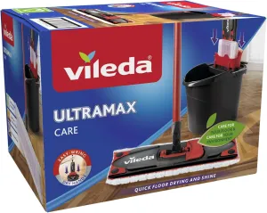 Vileda Ultramax Care Complete Set, Floor Mop with Handle, Bucket with PowerPress, for Sensitive Floors, 100% Recycled Microfibre, Quick-Drying Floor