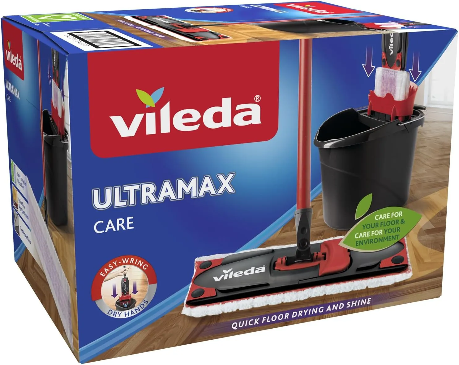 Vileda Ultramax Care Complete Set, Floor Mop with Handle, Bucket with PowerPress, for Sensitive Floors, 100% Recycled Microfibre, Quick-Drying Floor