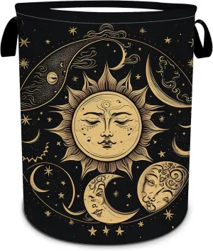Vintage Boho Sun and Moon Laundry Basket Foldable Laundry Hamper Tote Bag Storage Bucket Toy Organizer For Bathroom/Laundry/Bedroom（19.6x15.7inch）