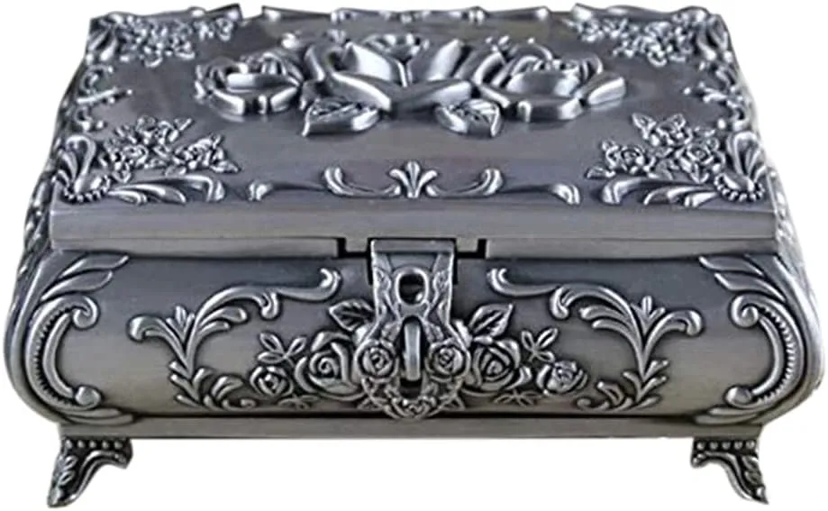 Vintage Jewellery Case Fashion Jewelry Box Zinc-Alloy Metal Trinket Box Carved Flower Rose Square Shaped