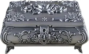 Vintage Jewellery Case Fashion Jewelry Box Zinc-Alloy Metal Trinket Box Carved Flower Rose Square Shaped