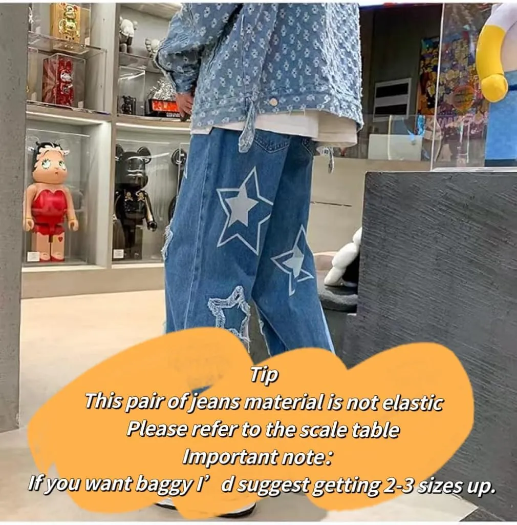 Vintage Men's Korean Denim Pants Y2K Cltohes Streetwear Printed Patchwork Male Baggy Jeans Straight Trousers