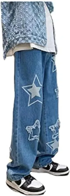 Vintage Men's Korean Denim Pants Y2K Cltohes Streetwear Printed Patchwork Male Baggy Jeans Straight Trousers