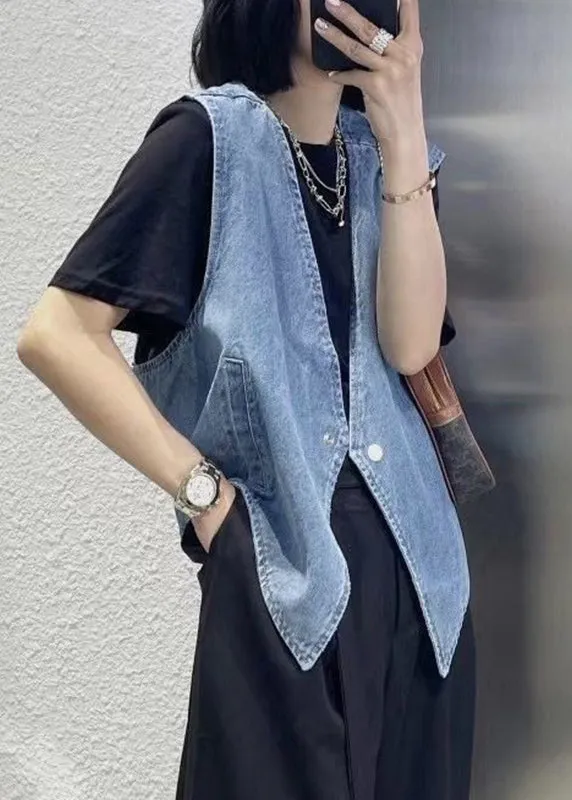 Vintage Navy Patchwork Button Denim Waistcoat Sleeveless