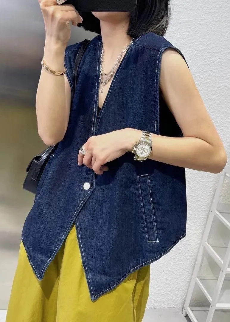 Vintage Navy Patchwork Button Denim Waistcoat Sleeveless