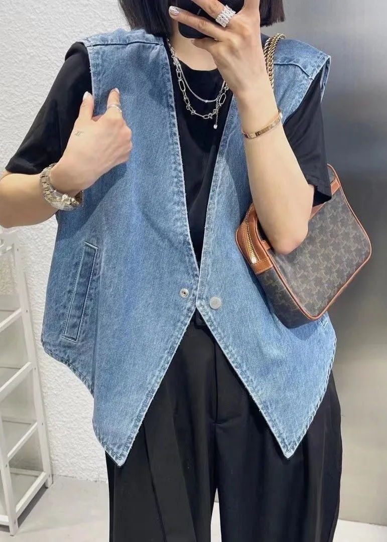 Vintage Navy Patchwork Button Denim Waistcoat Sleeveless