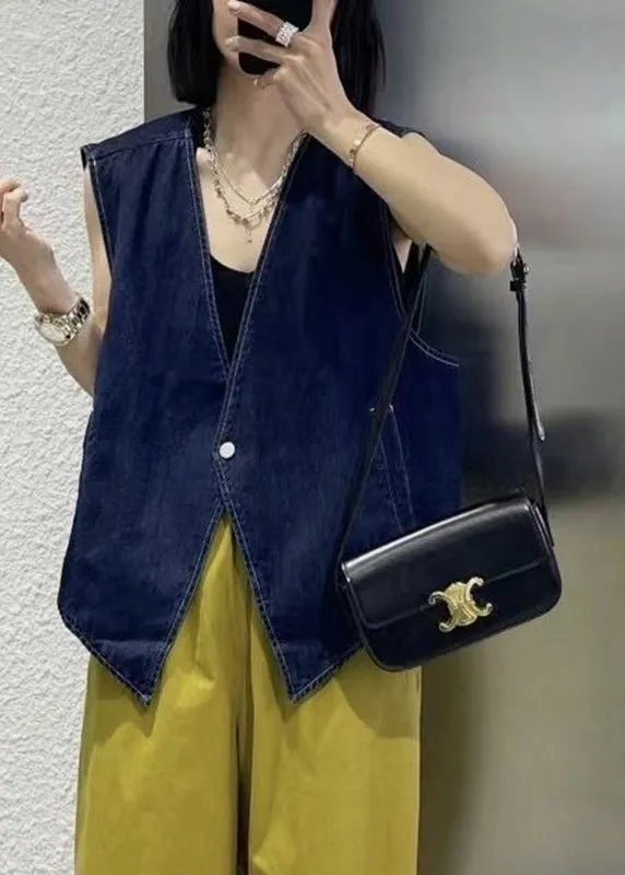 Vintage Navy Patchwork Button Denim Waistcoat Sleeveless