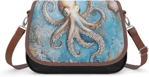 Vintage Octopus Shellfish Coral Cute Crossbody Purses for Women Leather Shoulder Bag Adjustable Shoulder Strap Handbag