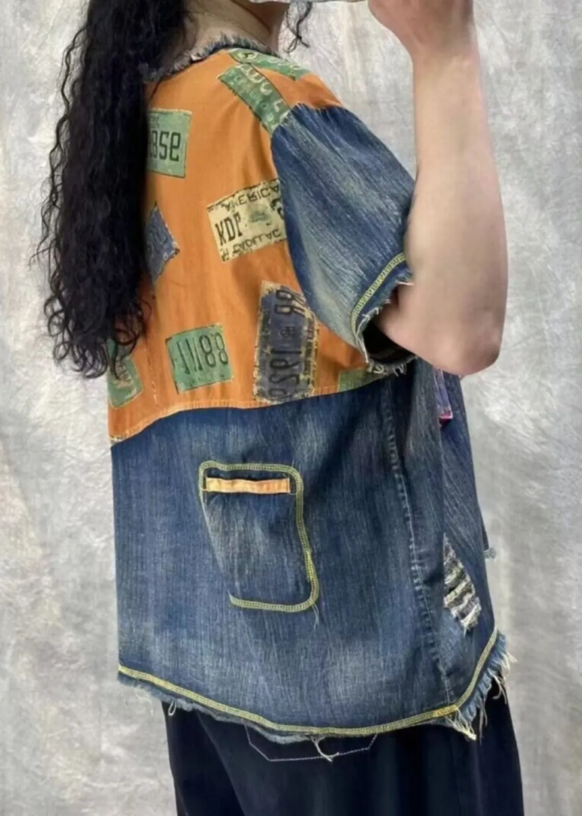 Vintage Orange Print Hole Patchwork T Shirt Denim Summer VV070