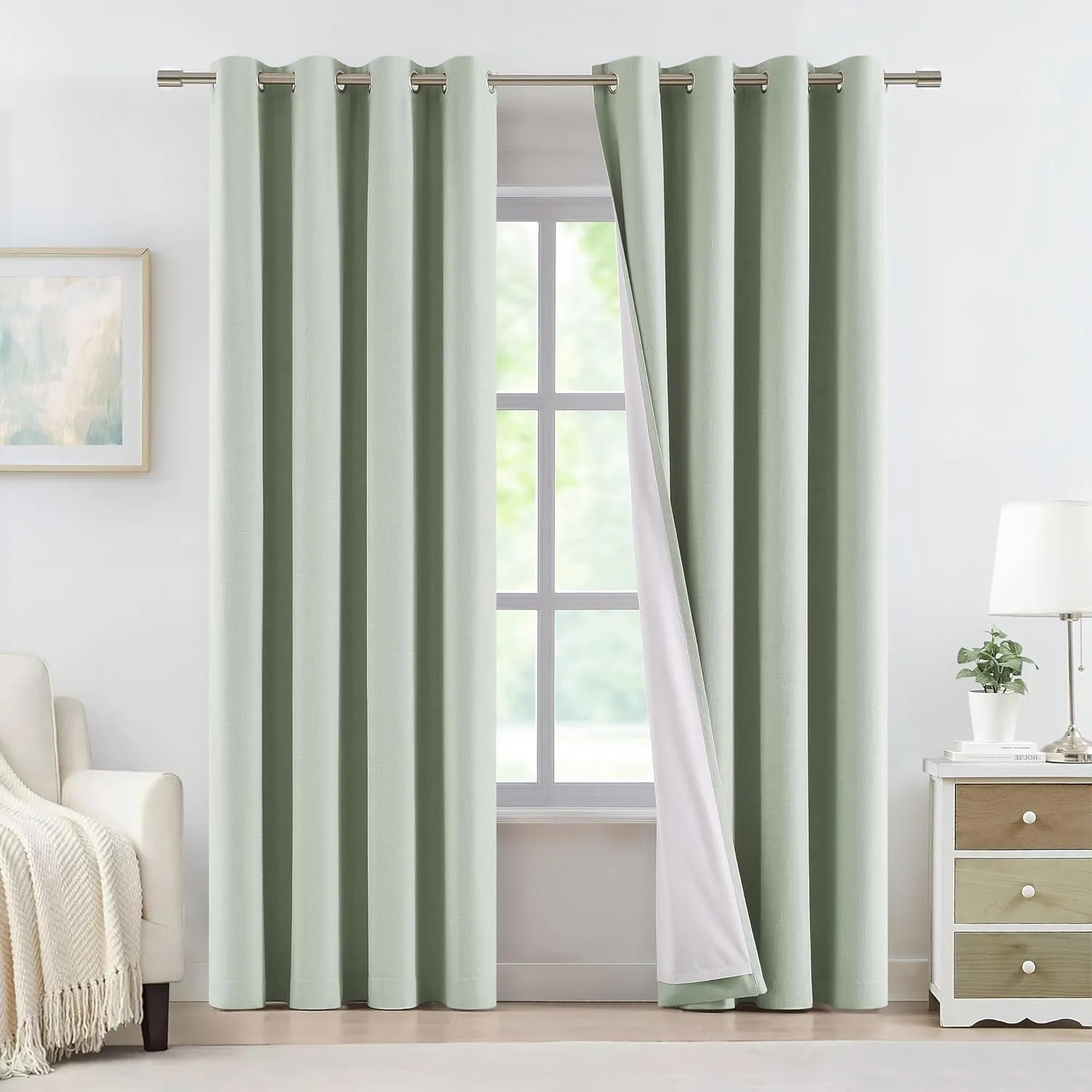 Vision Home Light Green Full Blackout Curtains Grommet Linen Textured Room Darkening Window Curtains 84 inches Long for Bedroom Living Room Thermal Insulated Rustic Green Drapes 2 Panels 58" Wx84 L
