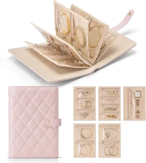 Vlando Travel Jewelry Case,Graduation Gifts,Jewelry Organizer Box with Clear Zipper Velvet Jewelry Pouch Bag, PU Leather Jewelry Case,Gift for Women-Pink