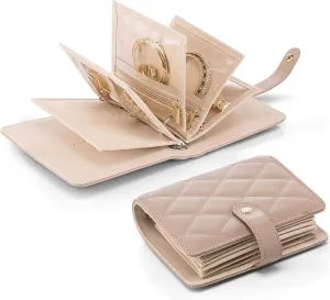 Vlando Travel Jewelry Case,Portable Jewelry Organizer Storage Book with Clear Zipper Velvet Jewelry Pouch Bag Gifts for Traveler Women Girls-Toffee
