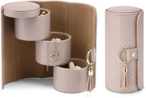 Vlando Travel Jewelry Roll Box Organizer, Leather 3-Section Jewelry Storage Sorter Holder for Necklaces Earrings Rings Brackets, Perfect Companion in the Trip, Gray/Khaki