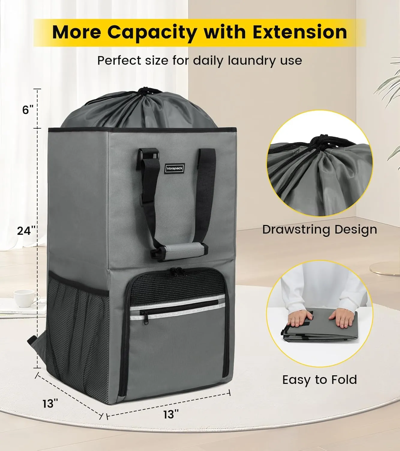 Vorspack Laundry Bag Backpack - Extra Large Laundry Bags with Shoulder Straps Heavy-duty 2 in 1 Laundry Hamper Basket for College Dorm Camp Laundromat Room Essentials - Grey