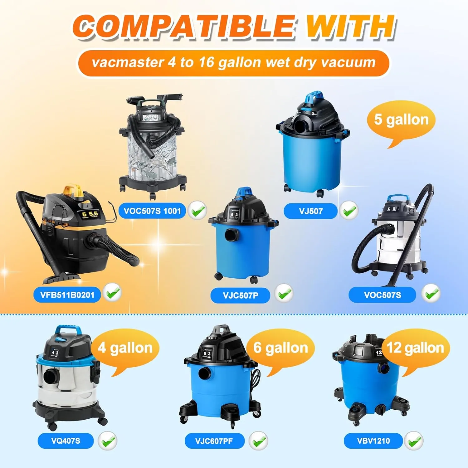 VRC5 Cloth Filter Bags for Vacmaster 4 to 16 Gallon Wet/Dry Vacuums Cleaner, Replaces Part VFB511B 0201 VBV1210 VJC607PF VJC507P VOC507S VJ507 VOC507S 1001 VQ407S, 10 Pack