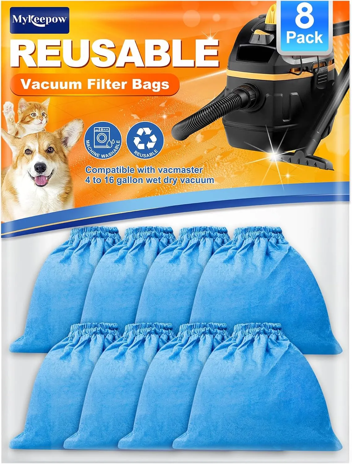 VRC5 Cloth Filter Bags for Vacmaster 4 to 16 Gallon Wet/Dry Vacuums Cleaner, Replaces Part VFB511B 0201 VBV1210 VJC607PF VJC507P VOC507S VJ507 VOC507S 1001 VQ407S, 8 Pack