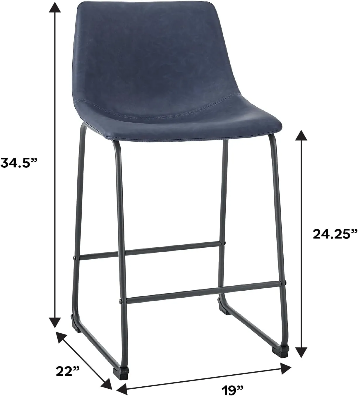 Walker Edison Urban Modern Upholstered Faux Leather Armless Counter Stools with Powder-Coated Steel Base, Set of 2, Navy Blue
